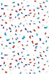 Red, white, and blue confetti scattered on a white background, ideal for a patriotic celebration. Peel and stick removable wallpaper.