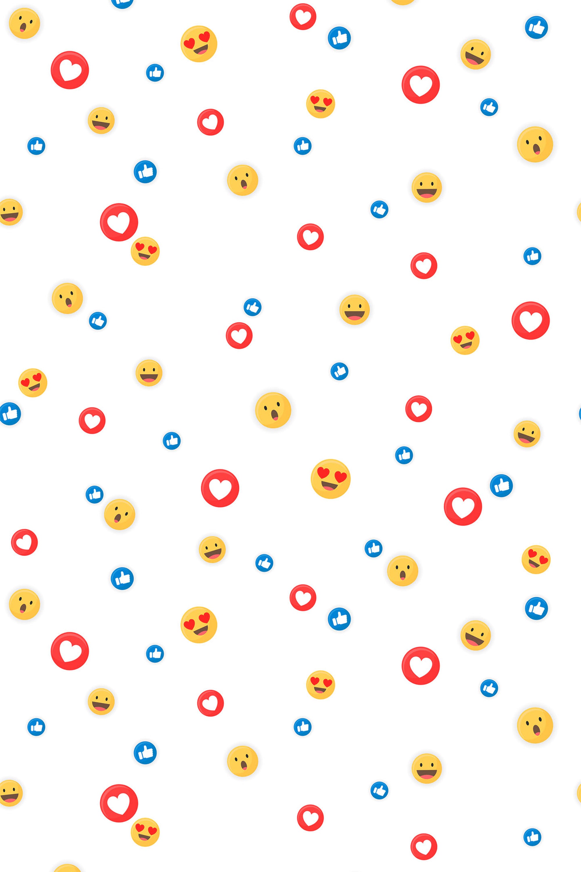 Repeating pattern of various social media emojis, including smiley faces, heart eyes, thumbs up, and heart symbols on a white background, peel and stick removable wallpaper.