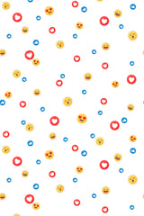 Repeating pattern of various social media emojis, including smiley faces, heart eyes, thumbs up, and heart symbols on a white background, peel and stick removable wallpaper.