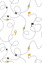 Dotted lines with loops and twists, small yellow bicycles, yellow and black flags, location pins, and coordinates on a white background, peel and stick removable wallpaper.