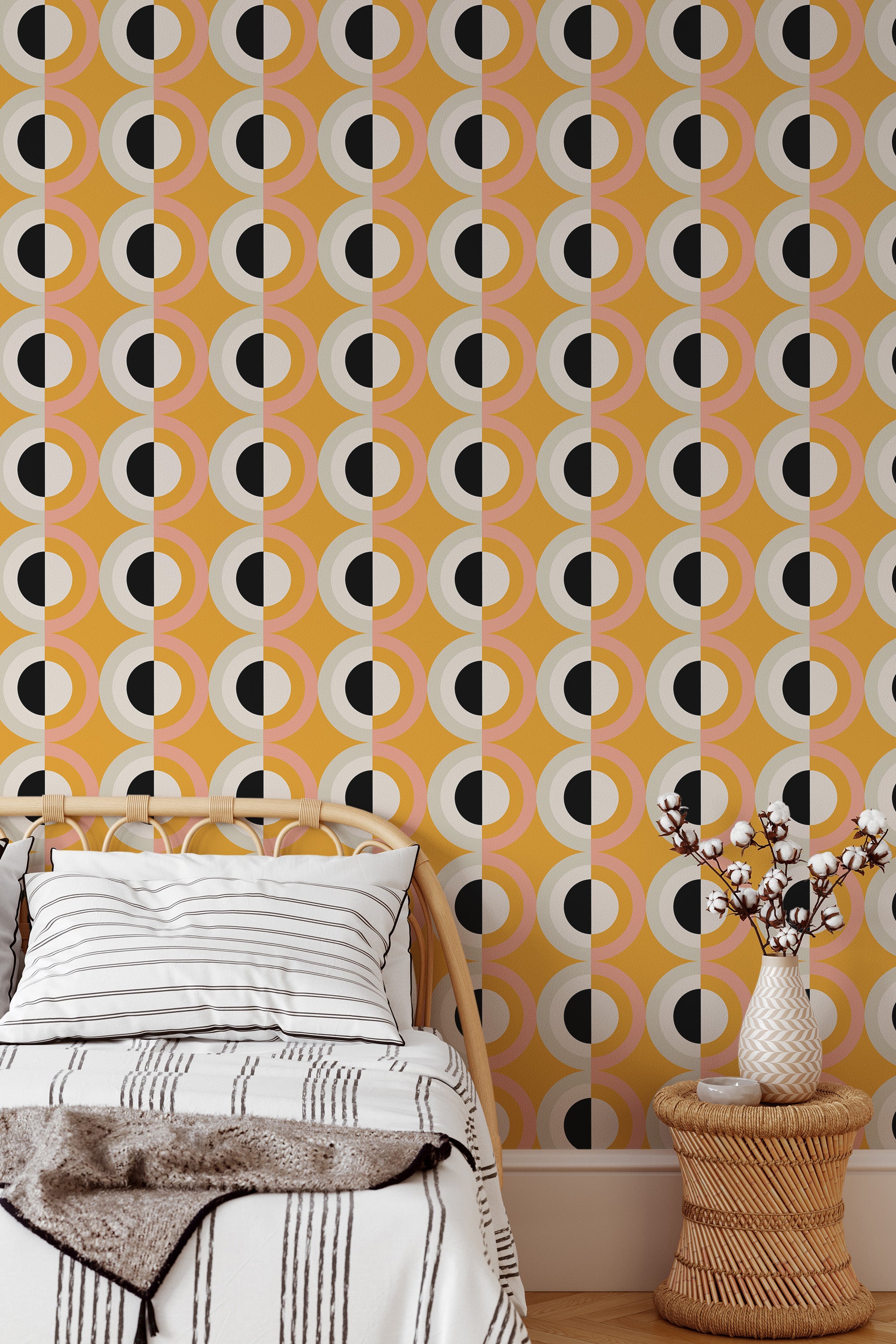 Self-adhesive wallpaper with a bold retro design featuring repeating circular patterns in black, white, and orange hues, creating a vibrant geometric aesthetic.