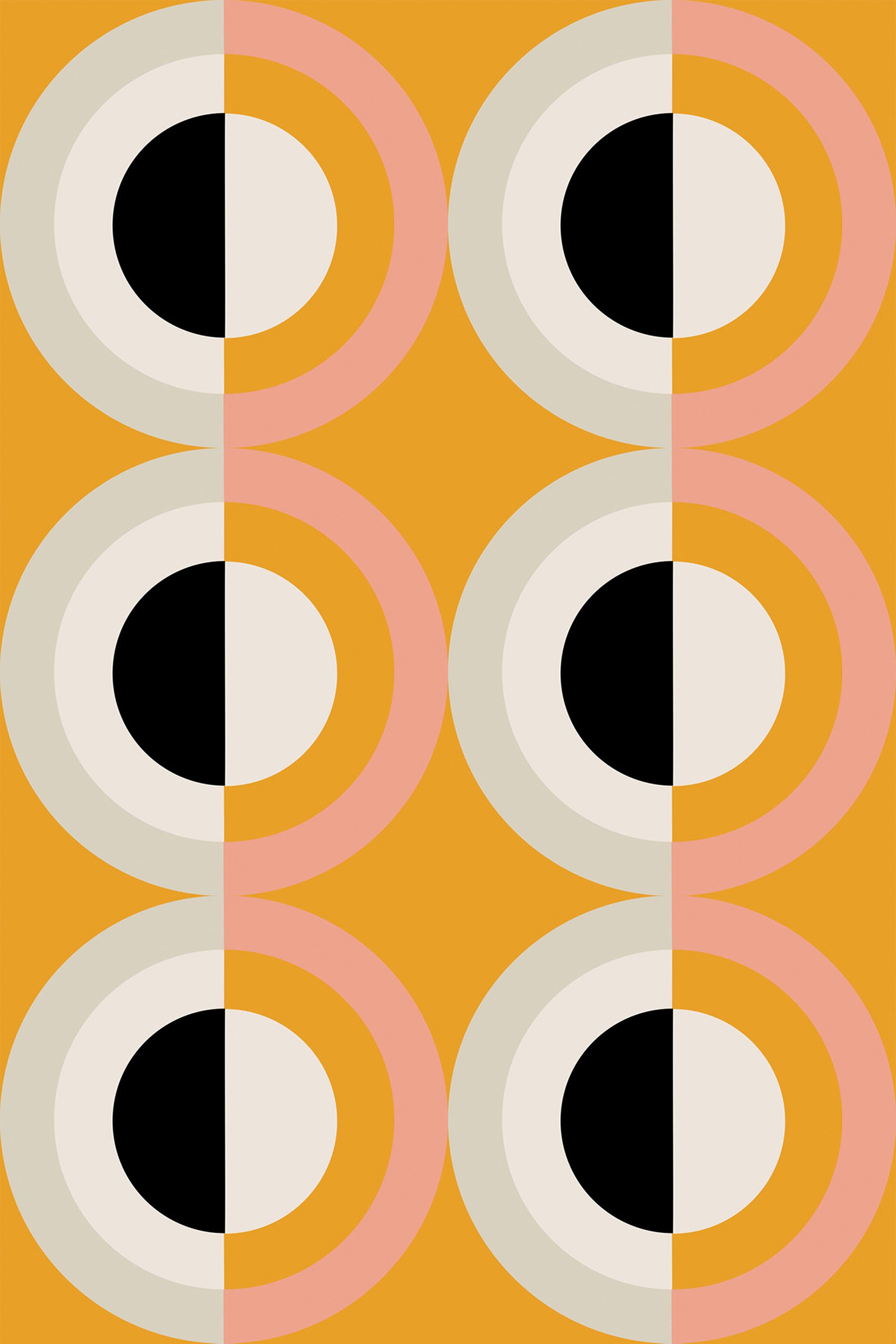 Retro style wallpaper with a bold geometric pattern featuring concentric circles in orange, pink, beige, black, and white. Peel and stick removable wallpaper.