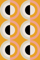 Retro style wallpaper with a bold geometric pattern featuring concentric circles in orange, pink, beige, black, and white. Peel and stick removable wallpaper.