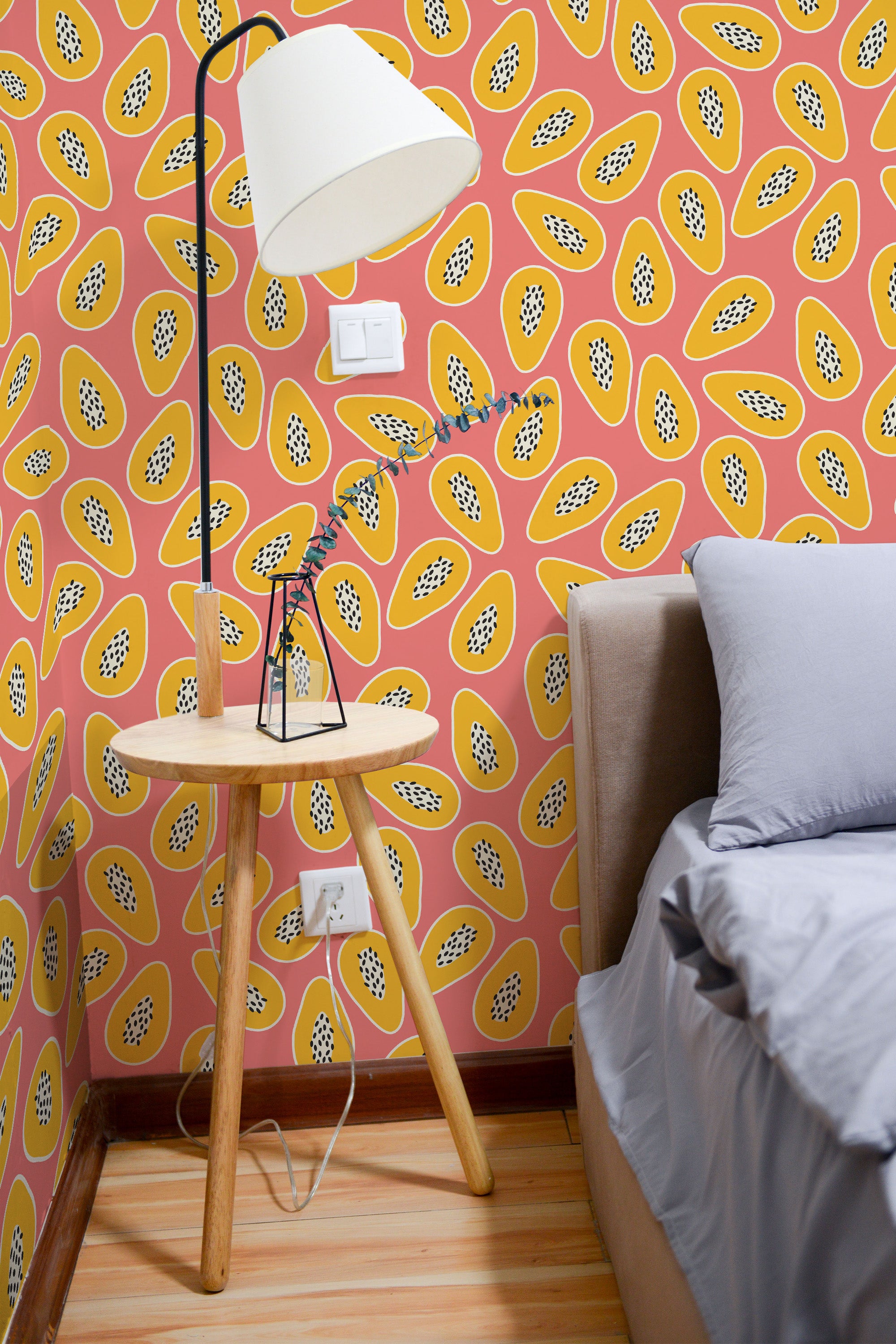 Self-adhesive citrus-themed wallpaper with vibrant yellow lemons and black seeds on a bold red background, adding a lively and fresh touch to the room���s d��cor.