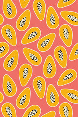 Bright, citrus-colored lemons with dotted seeds scattered across a warm coral background. Peel and stick removable wallpaper.