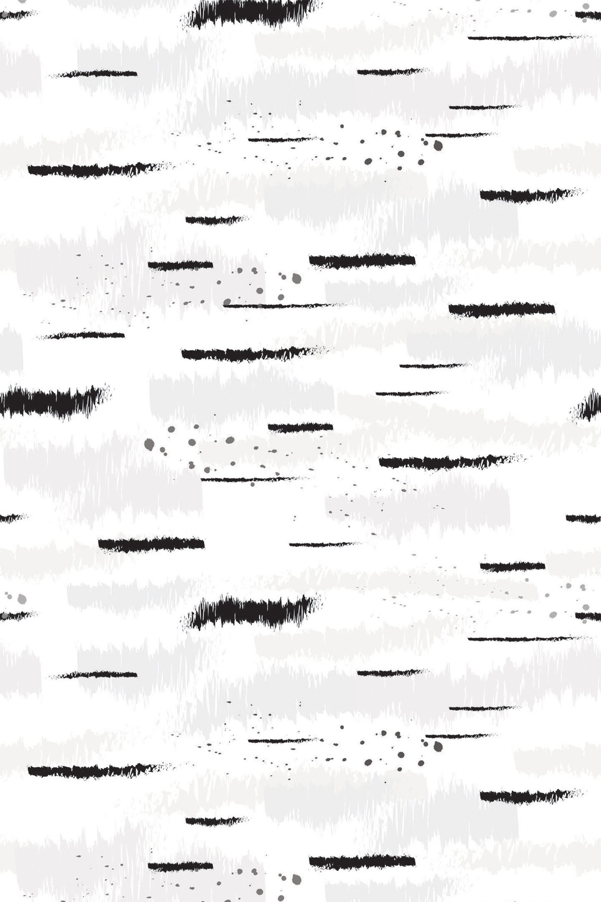 Abstract black and white strokes create the look of birch trees with scattered lines and small dotted patterns. The repeating design creates an organic, modern aesthetic, with a mix of horizontal and vertical elements. Peel and stick removable wallpaper.