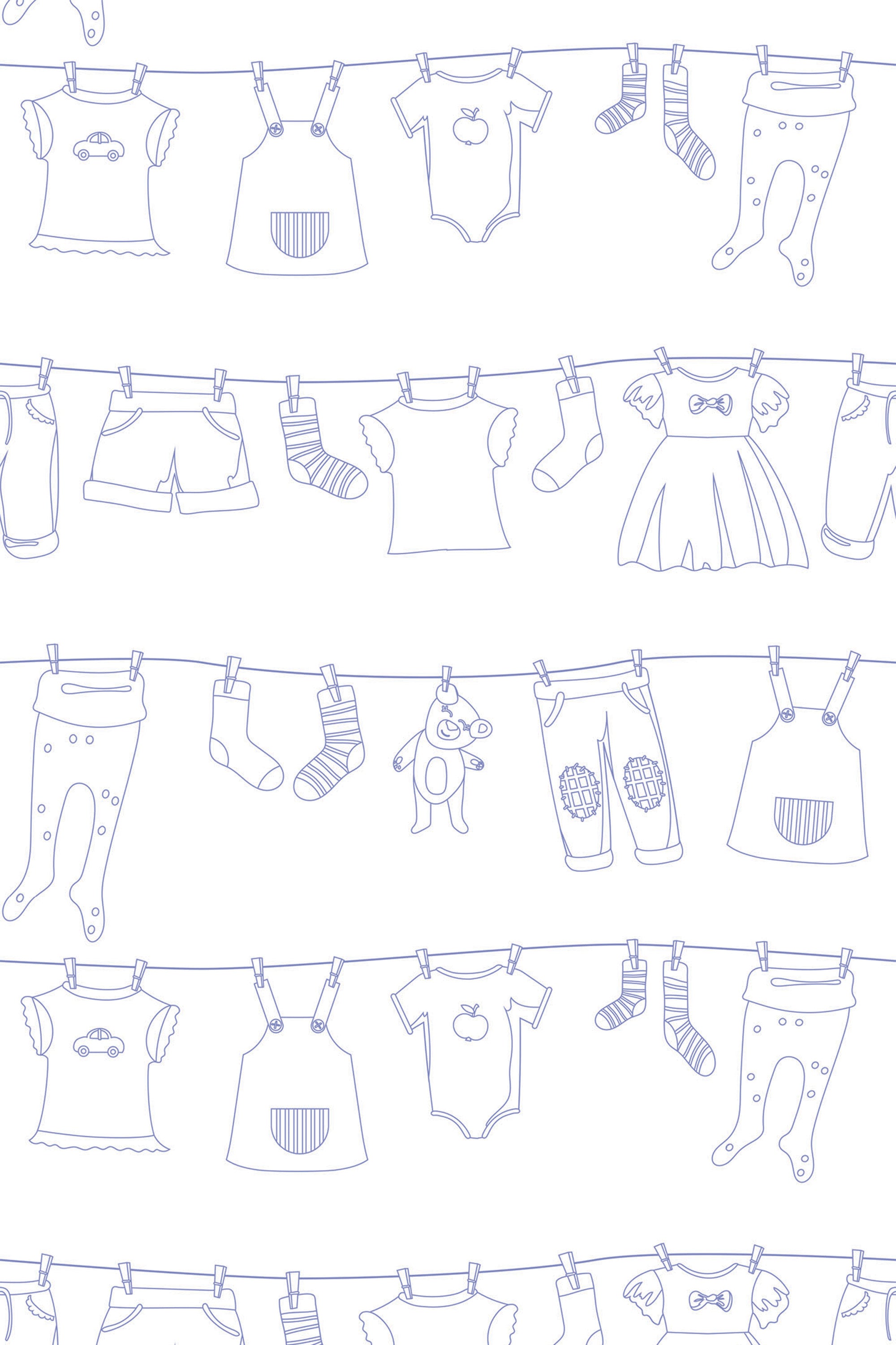 Illustration of clothing items such as shirts, onesies, dresses, and socks hanging on a clothesline with clothespins in a repeating pattern, shaded in soft blue. Simple line drawings with a playful and light-hearted vibe. Peel and stick removable wallpaper.