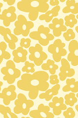 Yellow funky flowers with abstract, retro-style blooms scattered across a pale background. Peel and stick removable wallpaper.