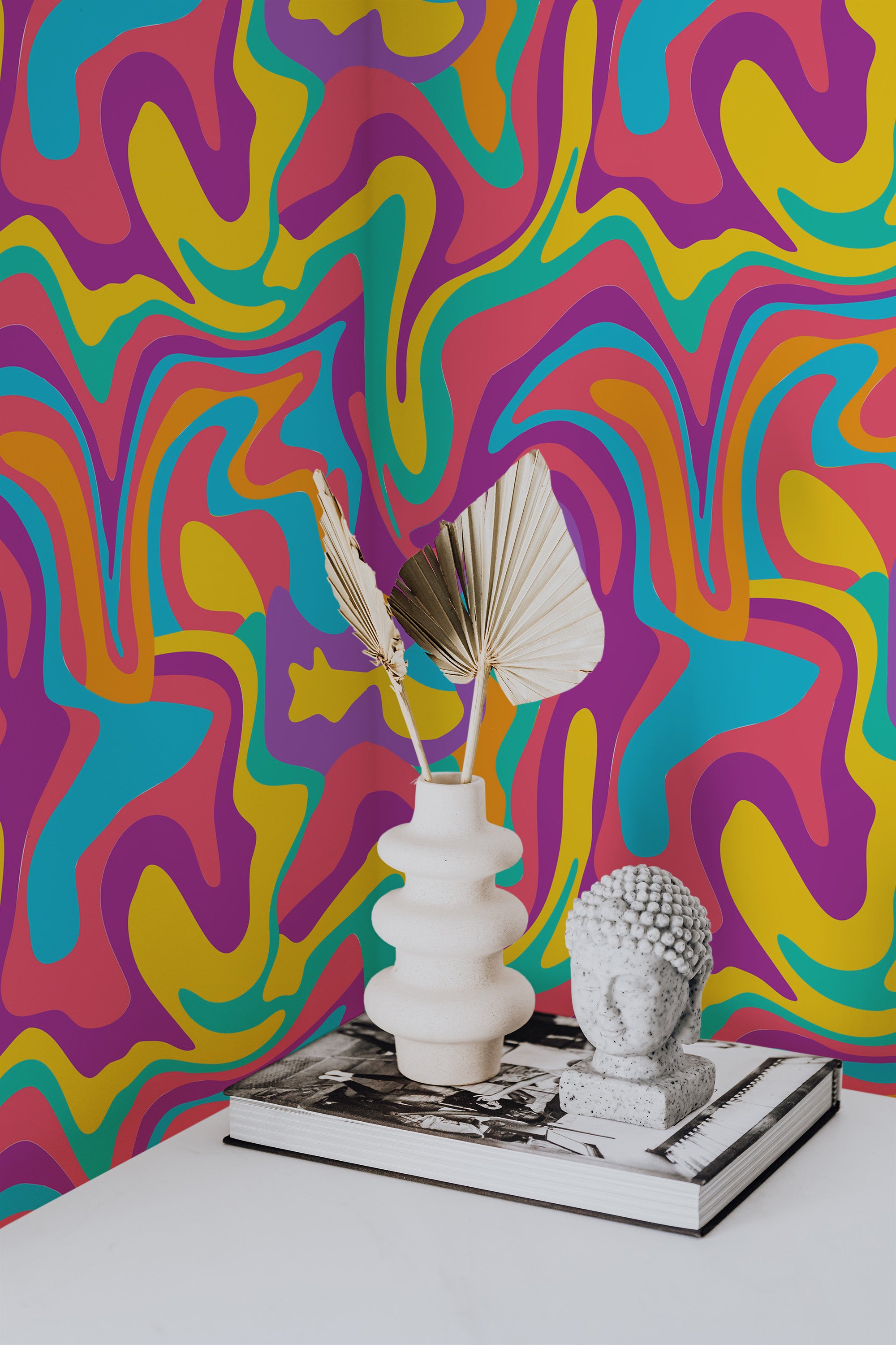 Self-adhesive wallpaper with a colorful wave design featuring vibrant swirls in shades of purple, pink, yellow, green, and blue, adding a lively and modern touch to the room's decor.
