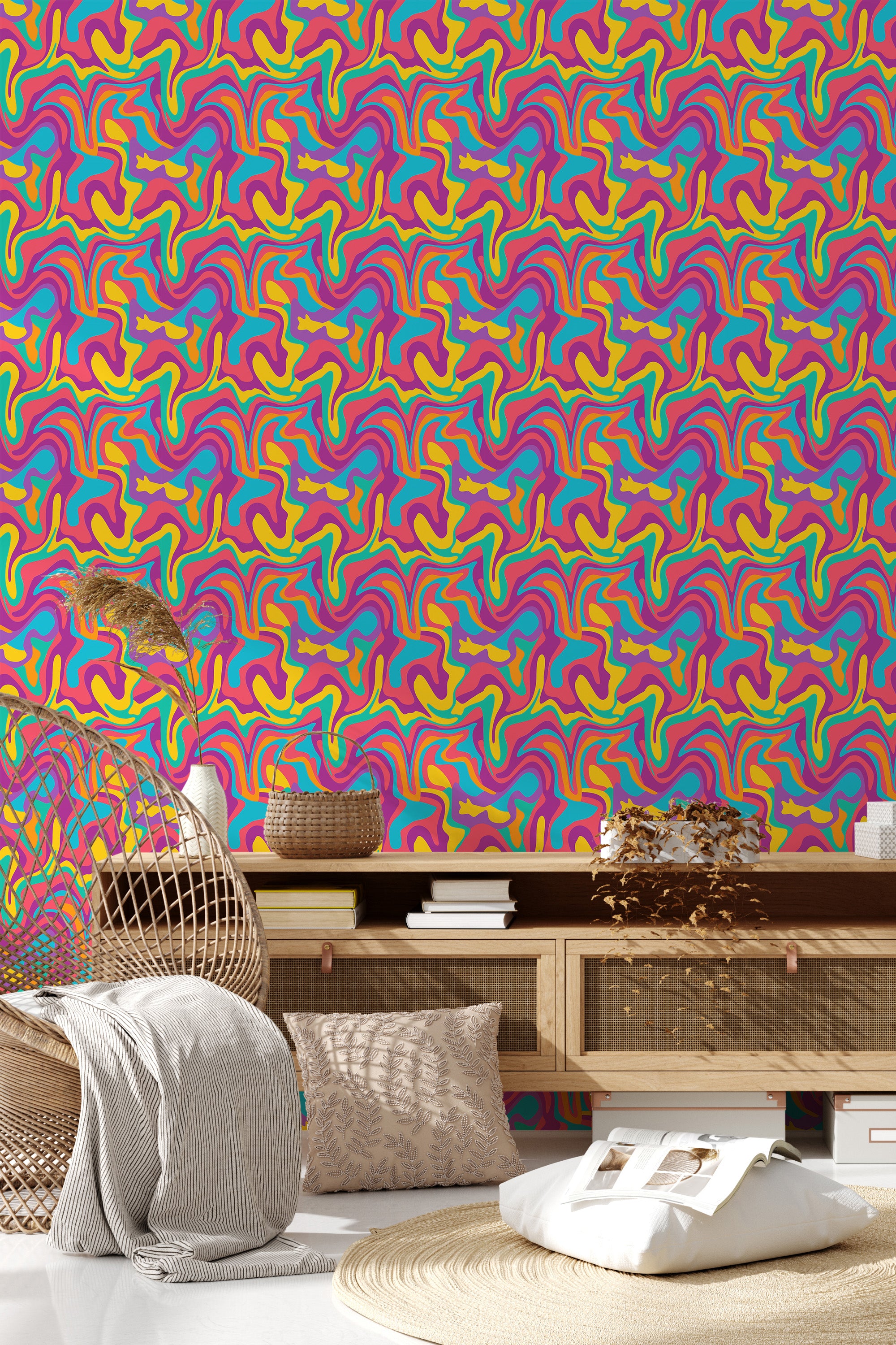 Colorful wave wallpaper with vibrant, swirling patterns in various shades of pink, yellow, green, and blue. The wavy lines create a dynamic and lively visual effect, adding energy and movement to the room while maintaining a retro, yet traditional wallpaper.