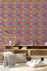 Colorful wave wallpaper with vibrant, swirling patterns in various shades of pink, yellow, green, and blue. The wavy lines create a dynamic and lively visual effect, adding energy and movement to the room while maintaining a retro, yet traditional wallpaper.
