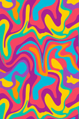 Vibrant, wavy patterns swirl across the wallpaper in bold shades of pink, blue, yellow, orange, purple, and green, creating a dynamic and colorful wave design. The seamless pattern flows in an abstract, psychedelic manner, adding energy and movement to any space. Peel and stick removable wallpaper.
