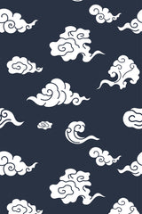 White Japanese cloud motifs on a deep blue background with swirling and curving forms, creating a traditional yet modern aesthetic. Peel and stick removable wallpaper.