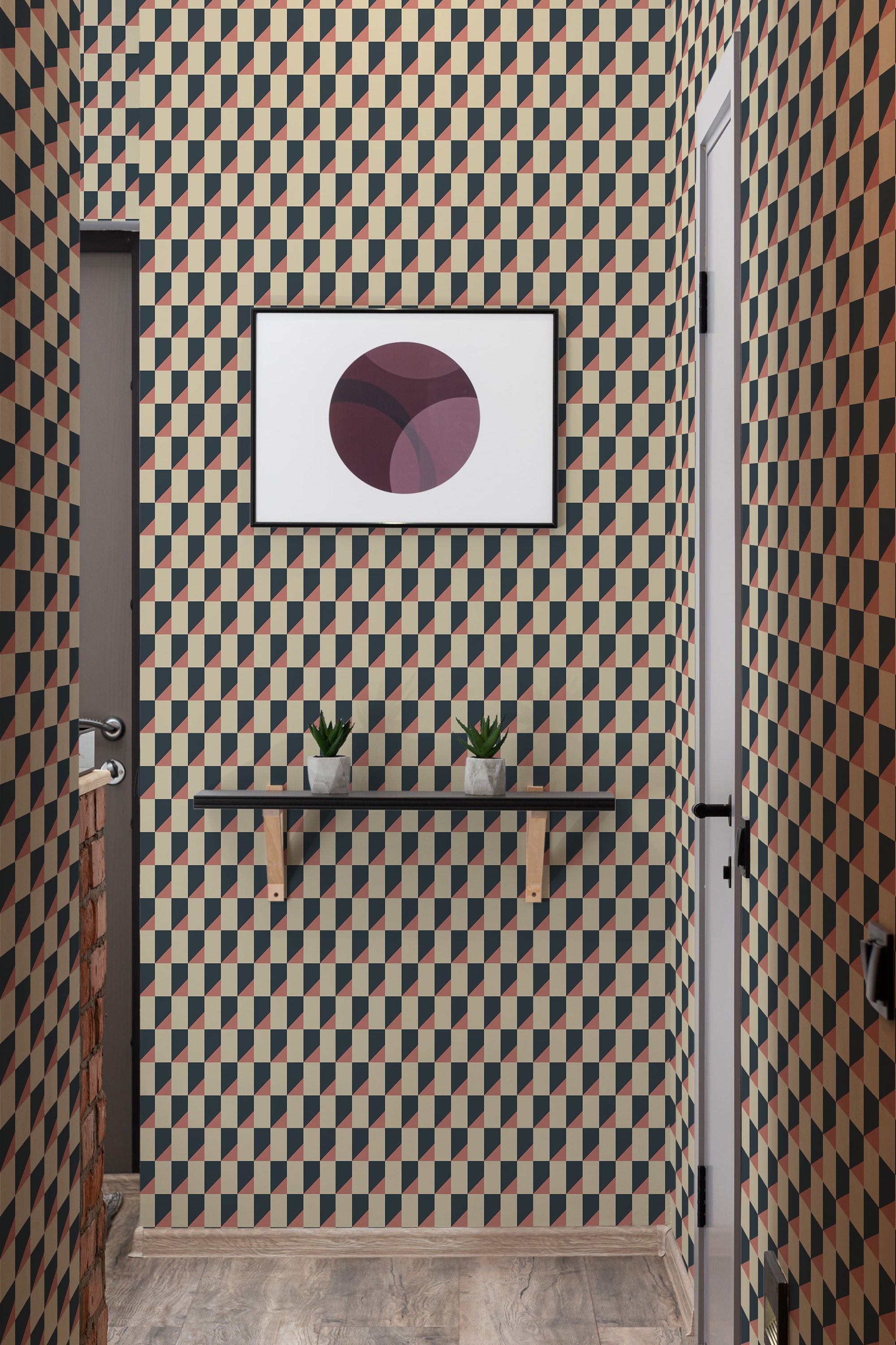 A vibrant geometric pattern with bold, interlocking cubes in shades of black, beige, and teal against a cream background, offering a modern yet retro aesthetic to the room, traditional wallpaper.
