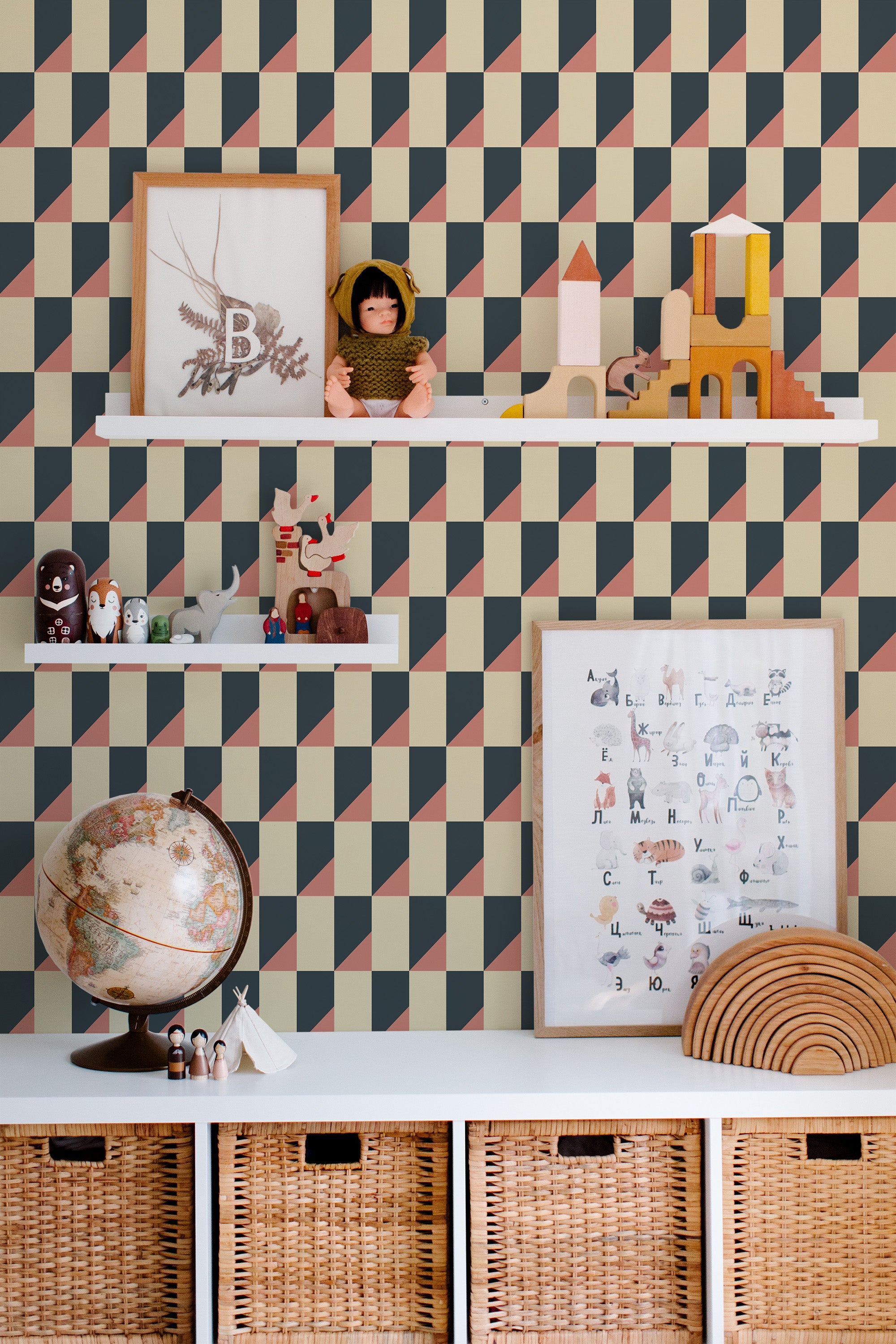 Self-adhesive wallpaper with a fun geometric design, featuring alternating colored diamond shapes in beige, blue, and brown arranged in a dynamic pattern.