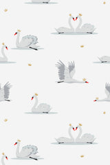 Gray swans wearing gold crowns, gracefully floating on calm water, with some forming heart-shaped necks or spreading their wings, scattered on a white background with small gold crowns as accents, peel and stick removable wallpaper.