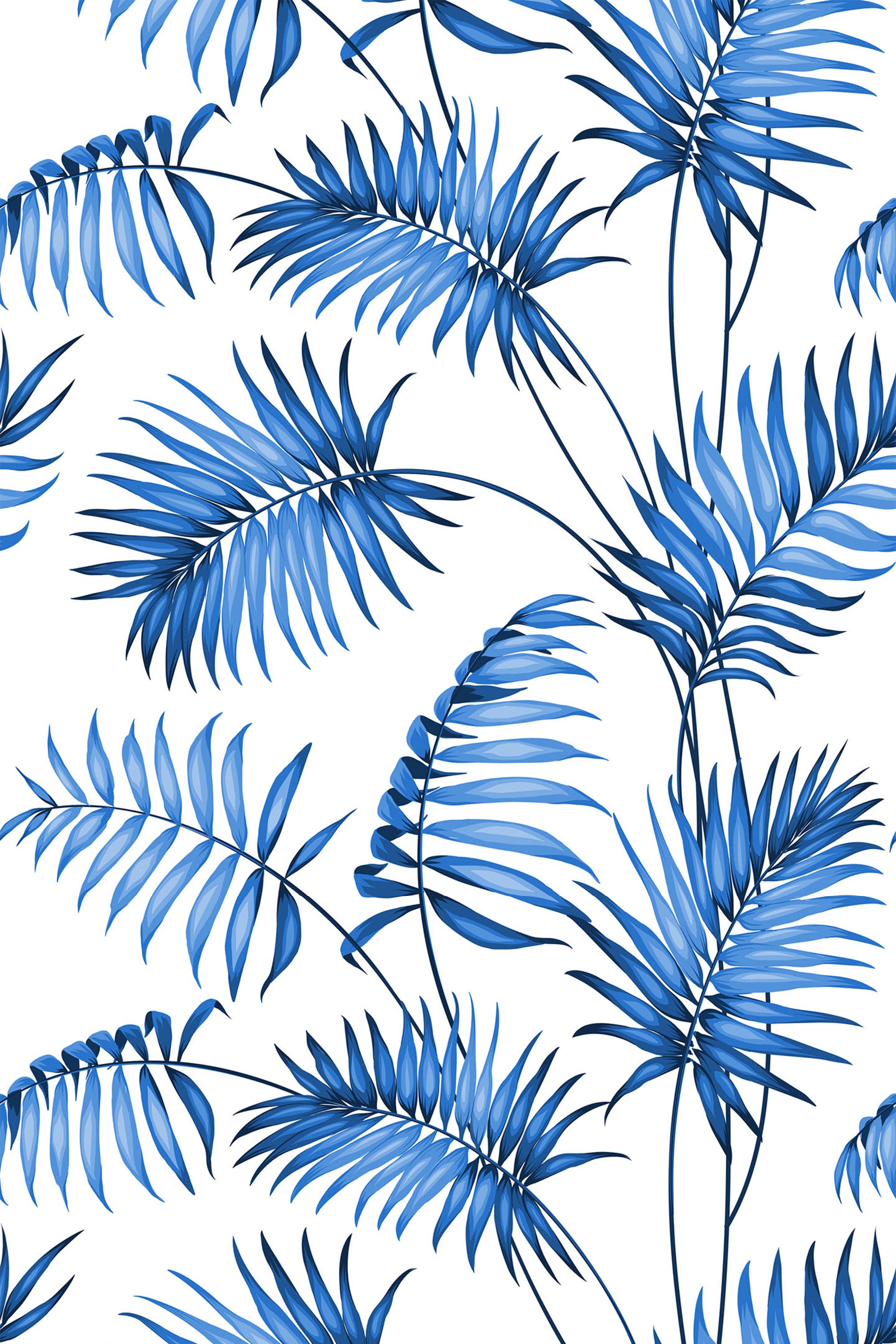 Blue palm leaves with varying shades of blue on a white background, creating a tropical, botanical pattern. Peel and stick removable wallpaper.