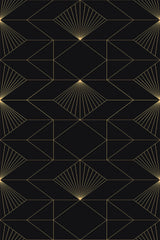 Art Deco-inspired wallpaper with intricate gold geometric patterns of diamonds and fan-shaped lines on a black background, peel and stick removable wallpaper.
