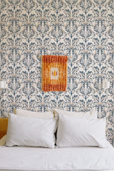 Self-adhesive Vintage Damask wallpaper with intricate, symmetrical patterns in soft shades of blue and beige, adding an elegant, classical touch to the room.