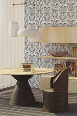 Wall covered in Vintage Damask wallpaper with intricate, symmetrical floral patterns in blue and white hues, creating an elegant and classic atmosphere, traditional wallpaper.