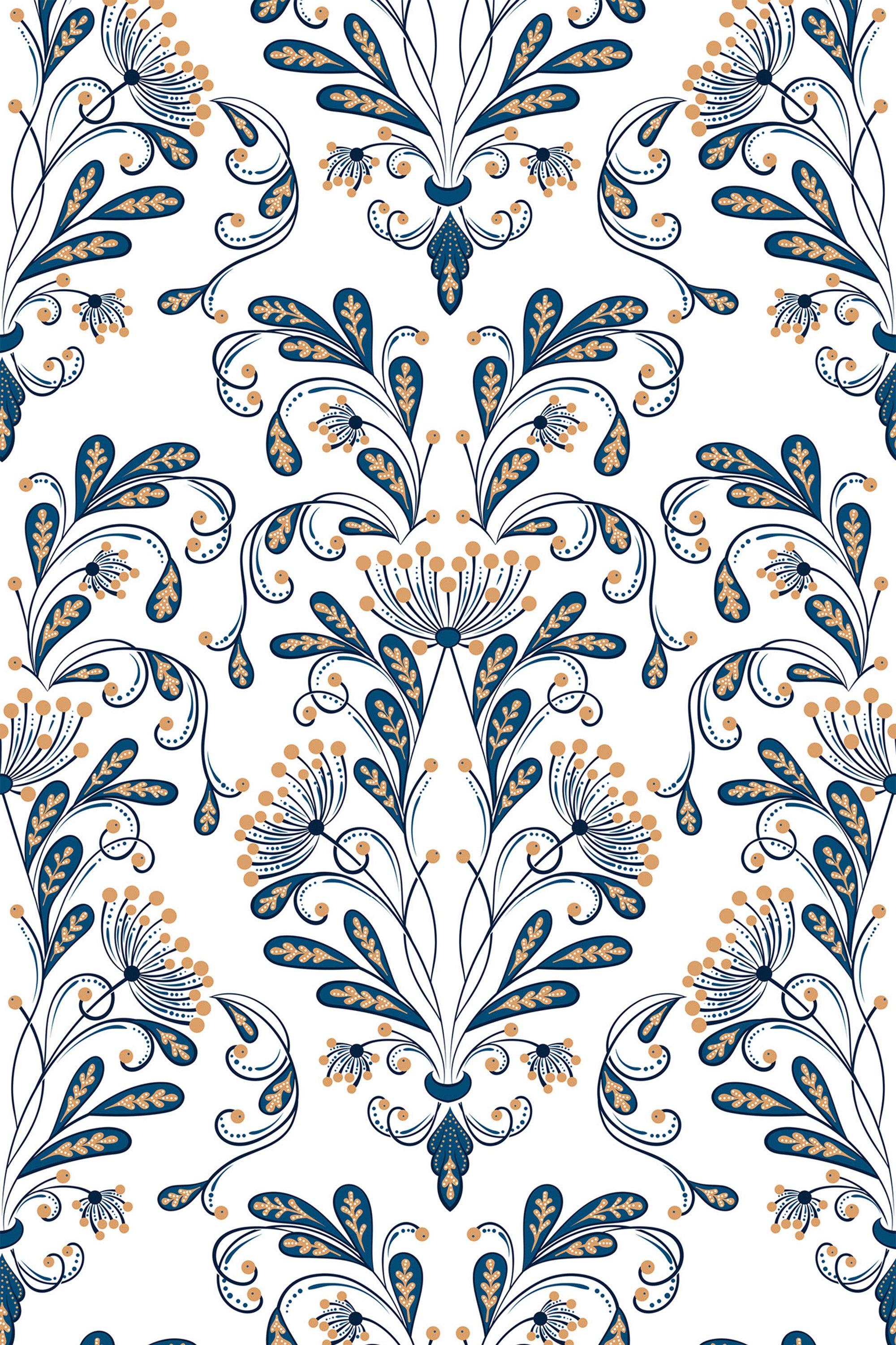 Intricate vintage damask pattern with teal and golden flourishes and stylized floral motifs on a white background. Peel and stick removable wallpaper.