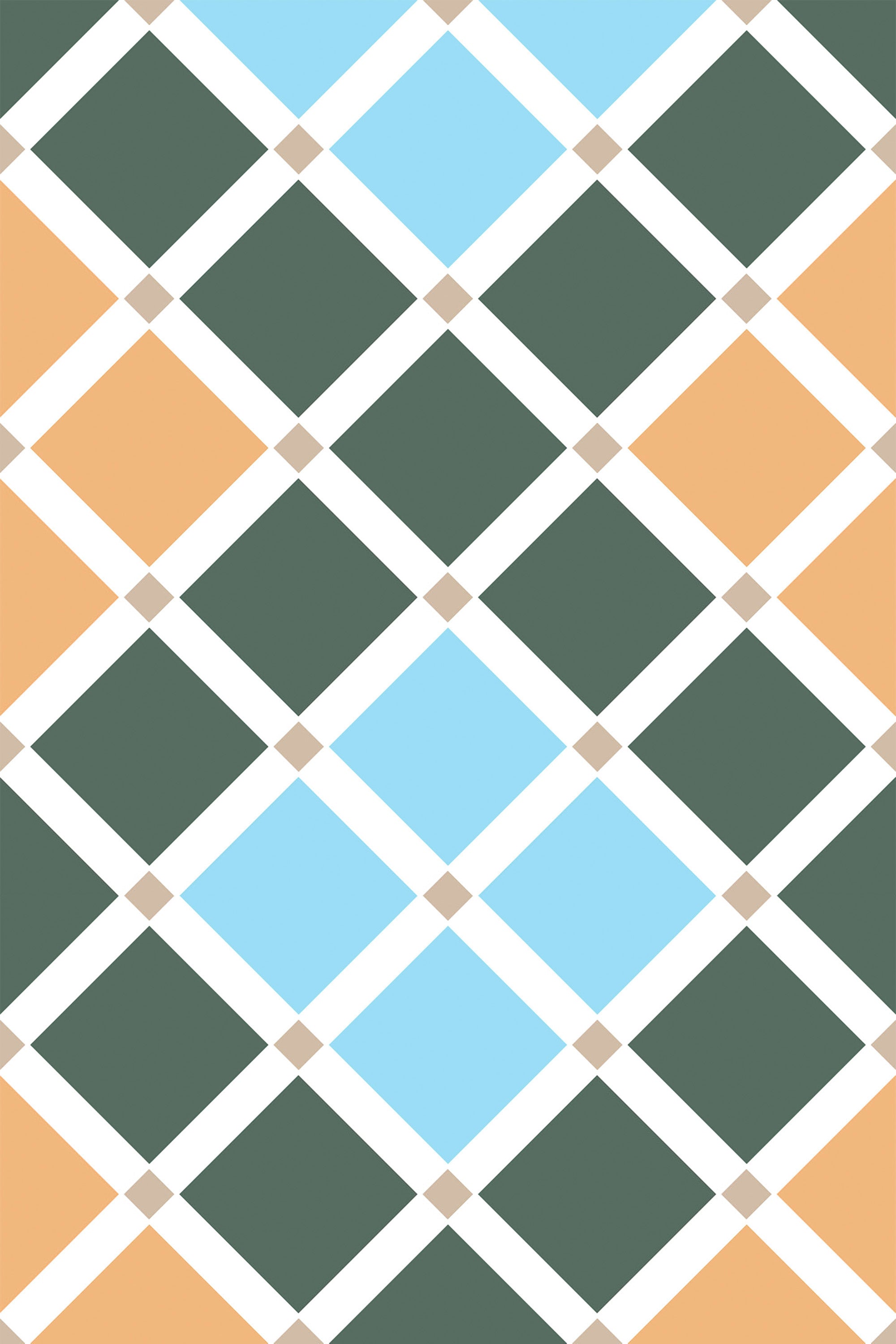 A geometric pattern with interlocking diamond shapes in white, green, orange, and blue tones, accented with small beige squares where the diamonds meet. Peel and stick removable wallpaper.
