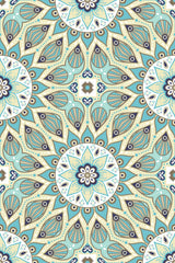 A repeating pattern of intricate mandala designs in soothing tones of teal, beige, and white with delicate floral and geometric shapes. Accented with fine lines and dot details, creating a harmonious and symmetrical look. Peel and stick removable wallpaper.