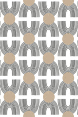 Abstract Boho design with curved black lines forming half-circle arches connected by beige ovals, creating a geometric pattern on a white background. Peel and stick removable wallpaper.