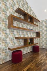 Wallpaper with an earthy artwork design in muted tones of green, beige, and brown, creating an abstract, natural look. Traditional wallpaper.