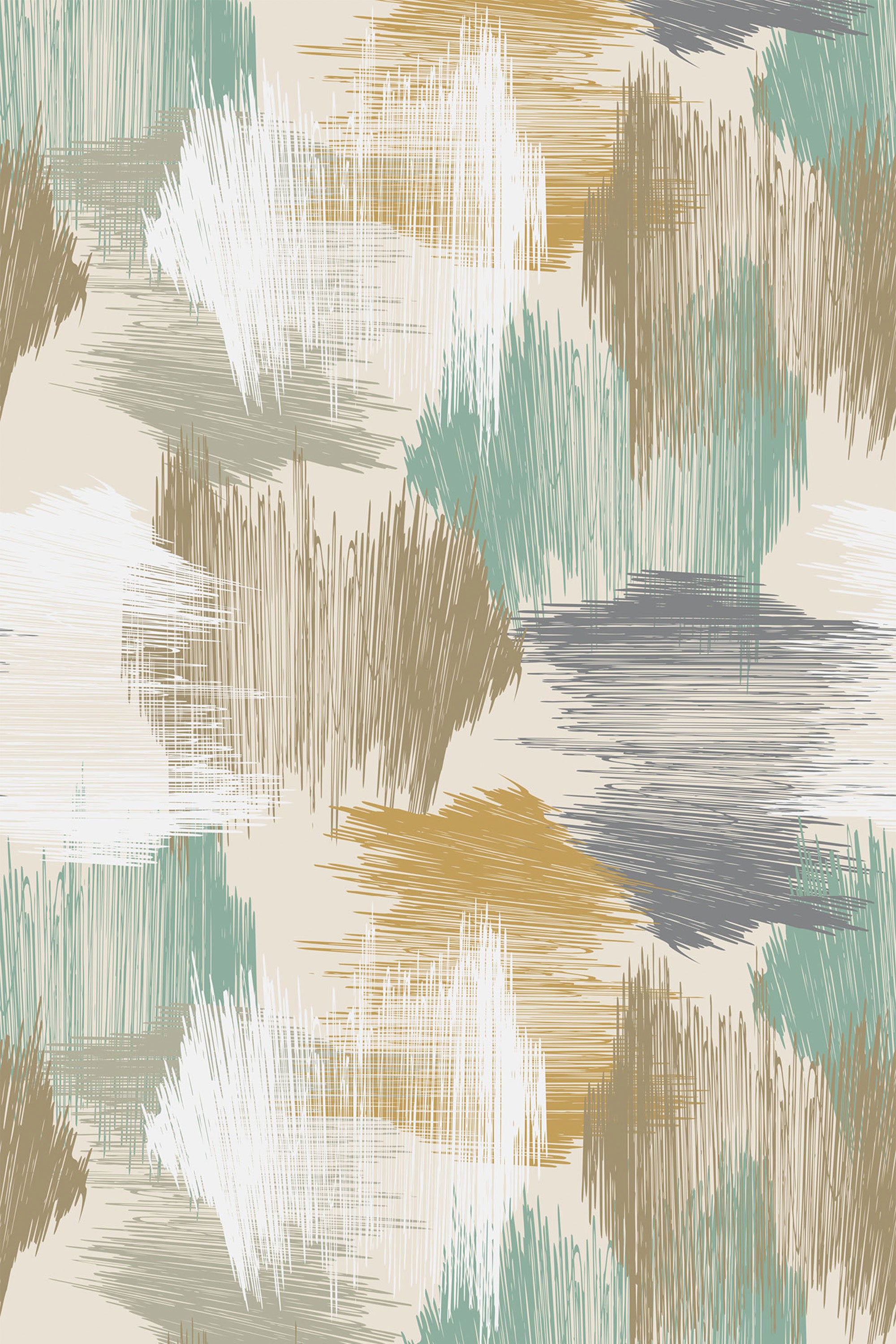 A repeating wallpaper with abstract brushstroke patterns in earthy tones of teal, beige, brown, and gray against an off-white background, peel and stick removable wallpaper.
