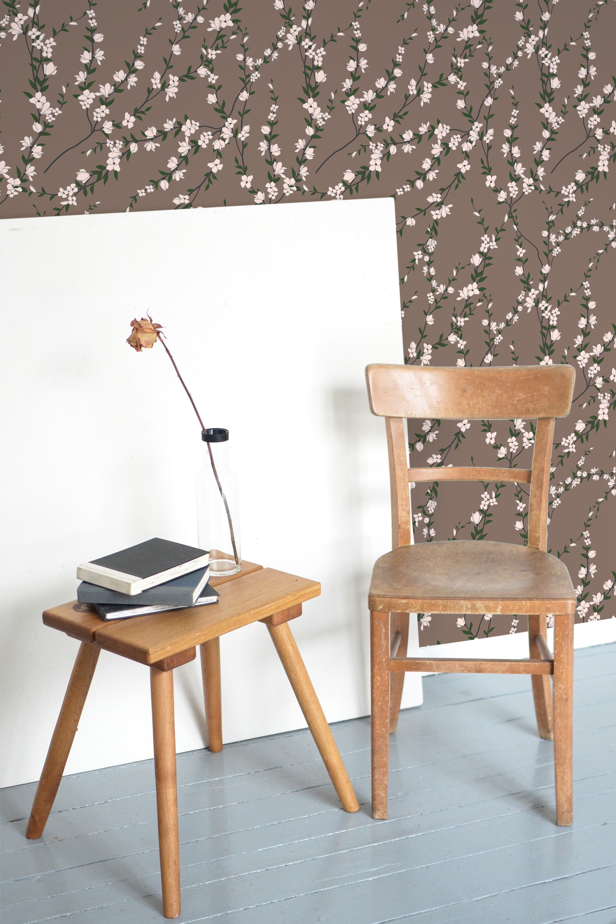 Self-adhesive Brown wallpaper with a blooming tree design featuring delicate white flowers and green leaves on a muted brown background.