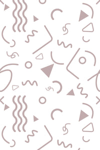 Simple geometric shapes including squiggly lines, triangles, circles, and abstract curves in light brown scattered on a white background, peel and stick removable wallpaper.
