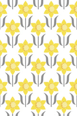 Yellow floral art nouveau pattern with stylized tulip-like flowers in shades of yellow with grey stems on a white background. Peel and stick removable wallpaper.