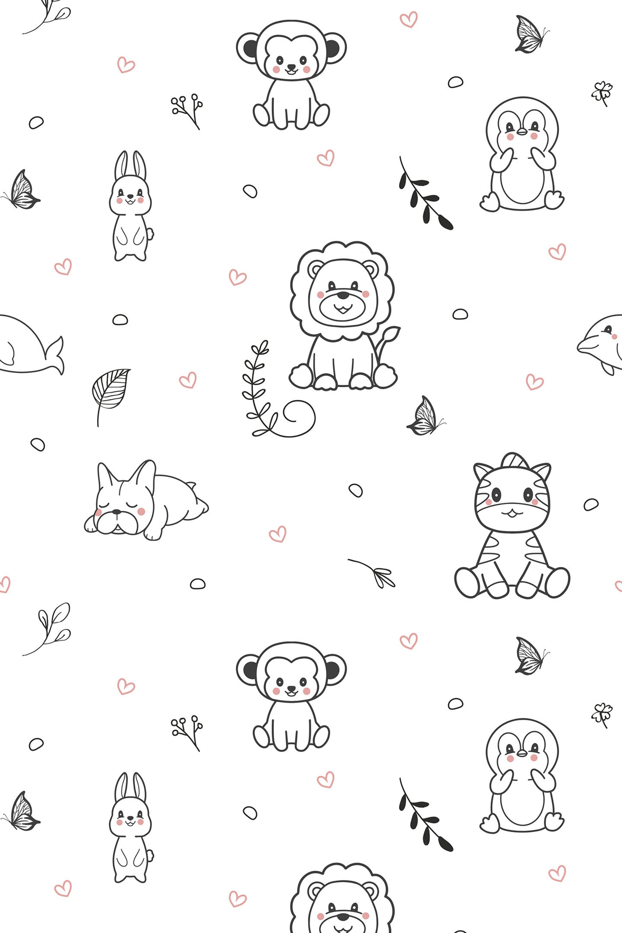 Cute animals like lions, monkeys, bunnies, penguins, whales, and cats are scattered across a white background. The design is accented with small hearts, leaves, flowers, and butterflies, all in soft black outlines with subtle pink highlights. The playful and minimalistic pattern is perfect for bringing a cheerful, whimsical touch to any room. Peel and stick removable wallpaper.
