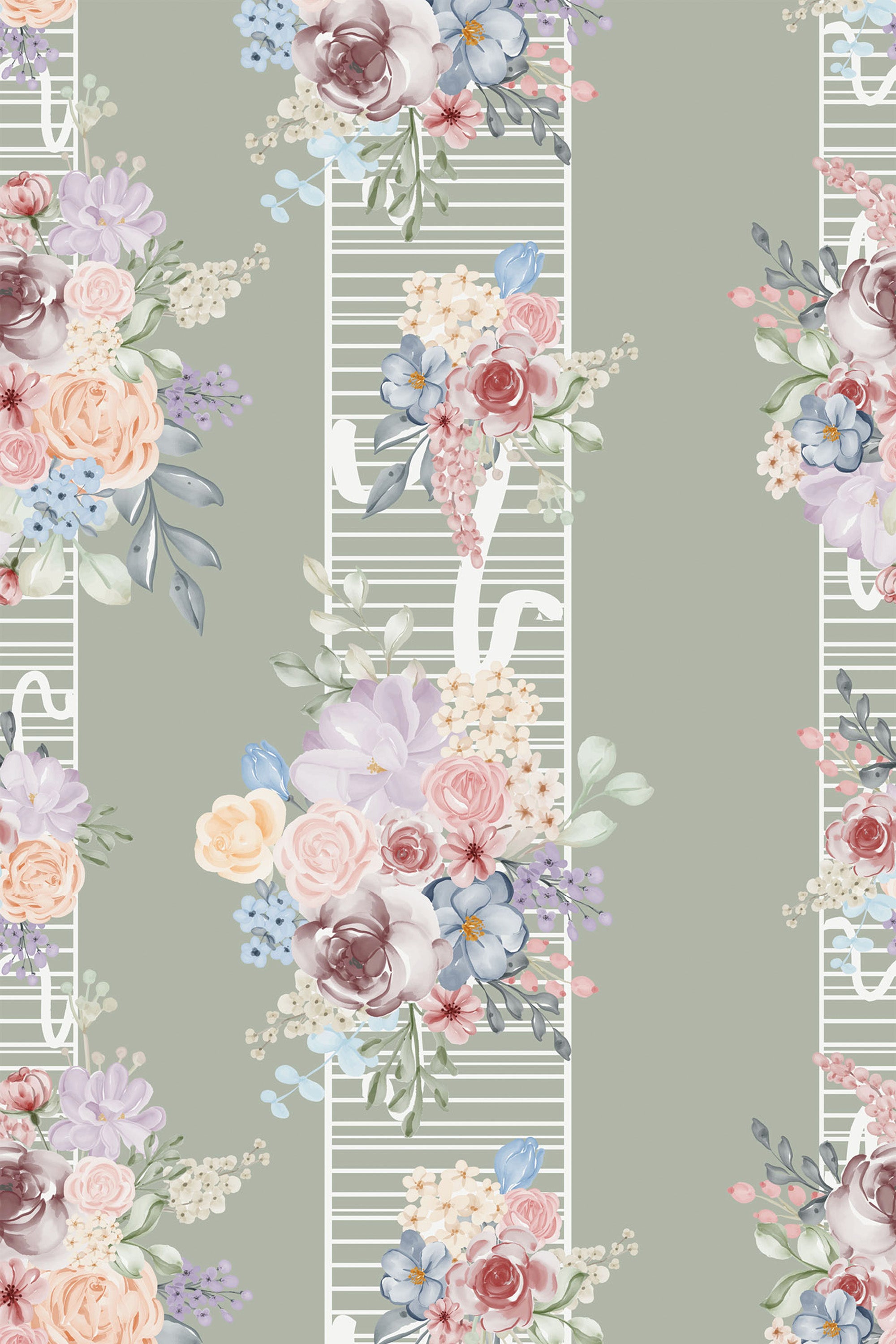 Floral wallpaper with vertical white stripes on a muted green background. Bouquets of vintage-style roses, peonies, and wildflowers in soft shades of pink, purple, ivory, and blue. Peel and stick removable wallpaper.
