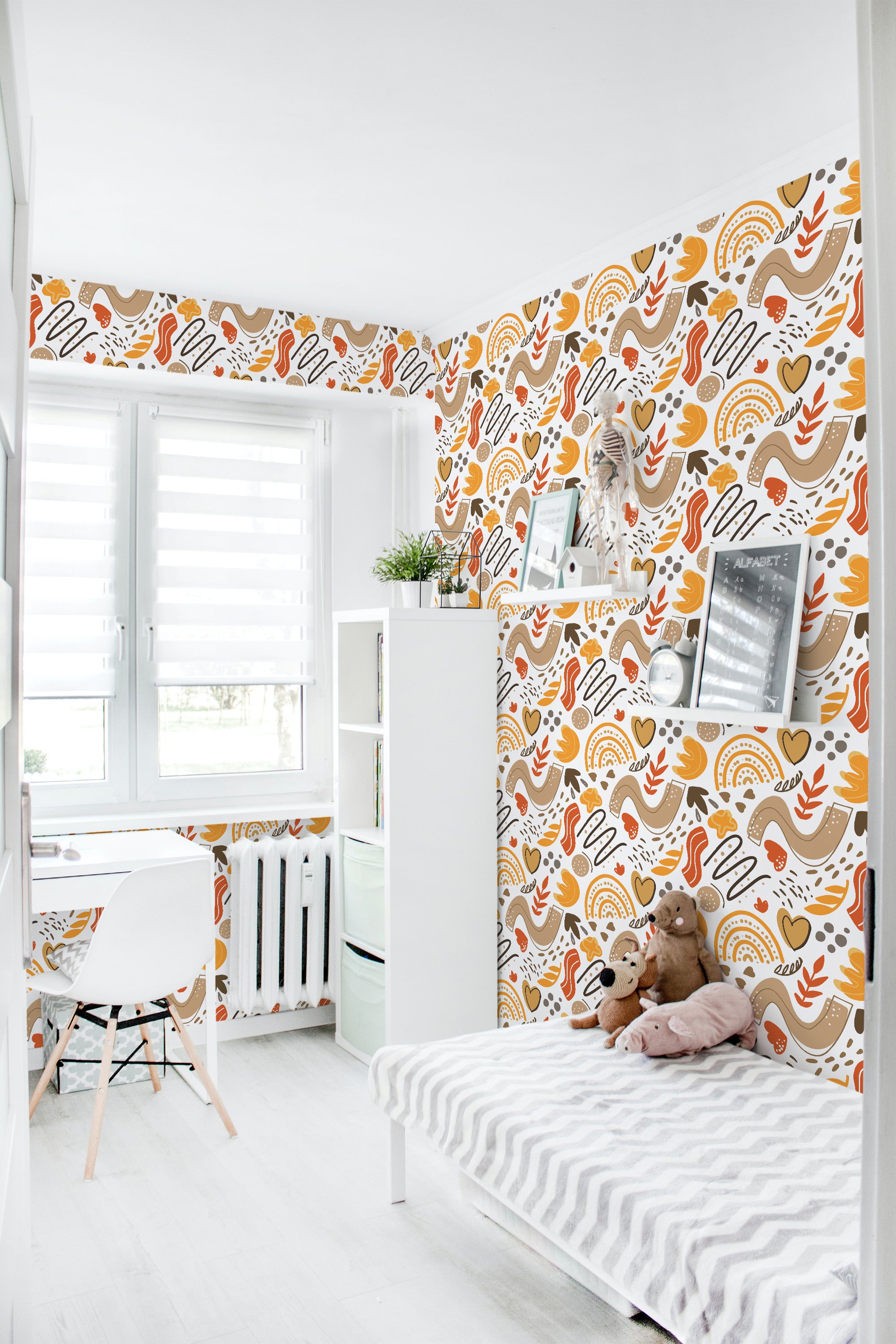 A room with Boho shape wallpaper in warm tones of orange, brown, and beige with abstract patterns, hearts, and rainbows on white. Traditional wallpaper.