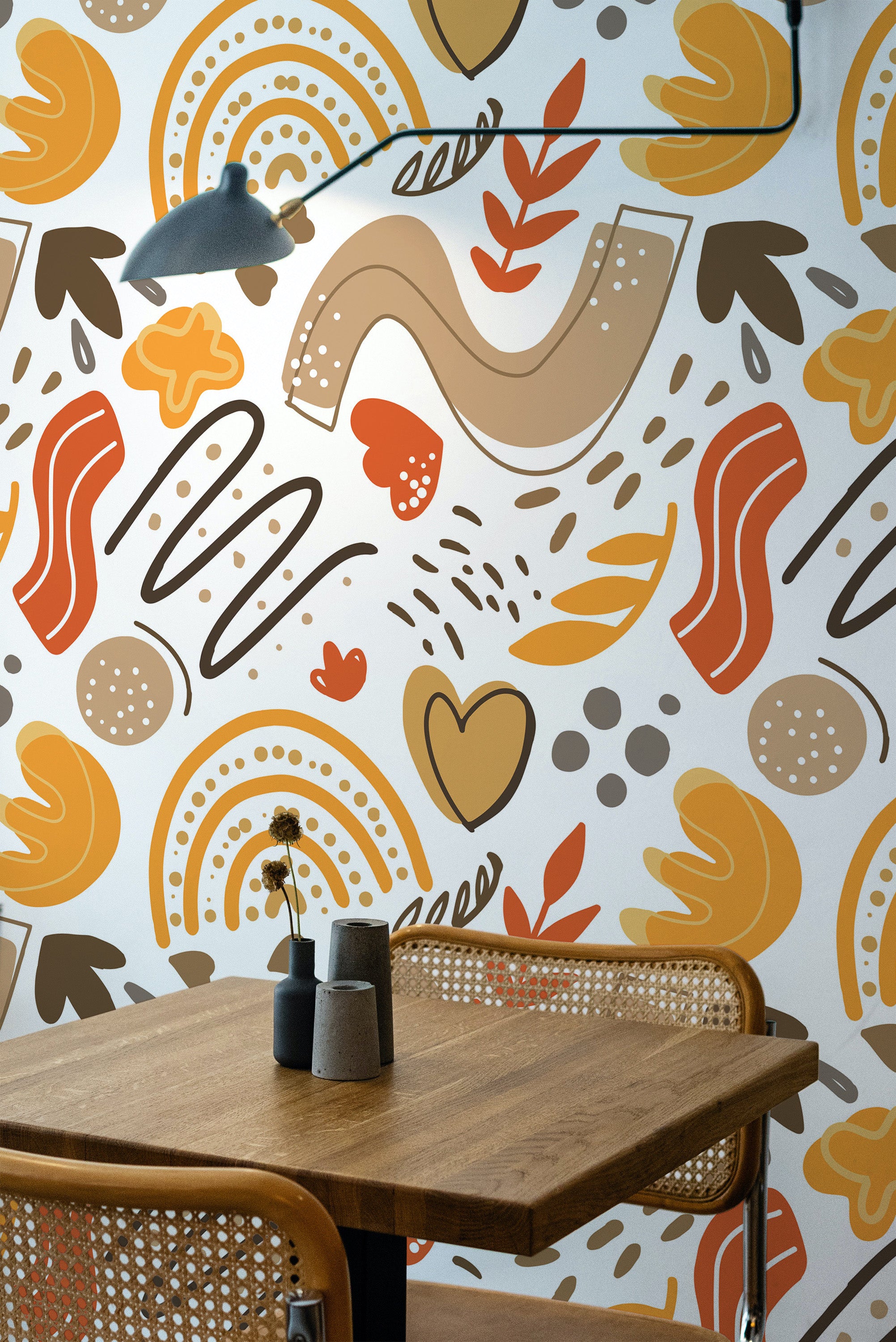 Self-adhesive wallpaper with a Boho shape design in warm earthy tones, including mustard yellow, terracotta, and beige, with abstract shapes, swirls, hearts, and botanical elements on a white background.