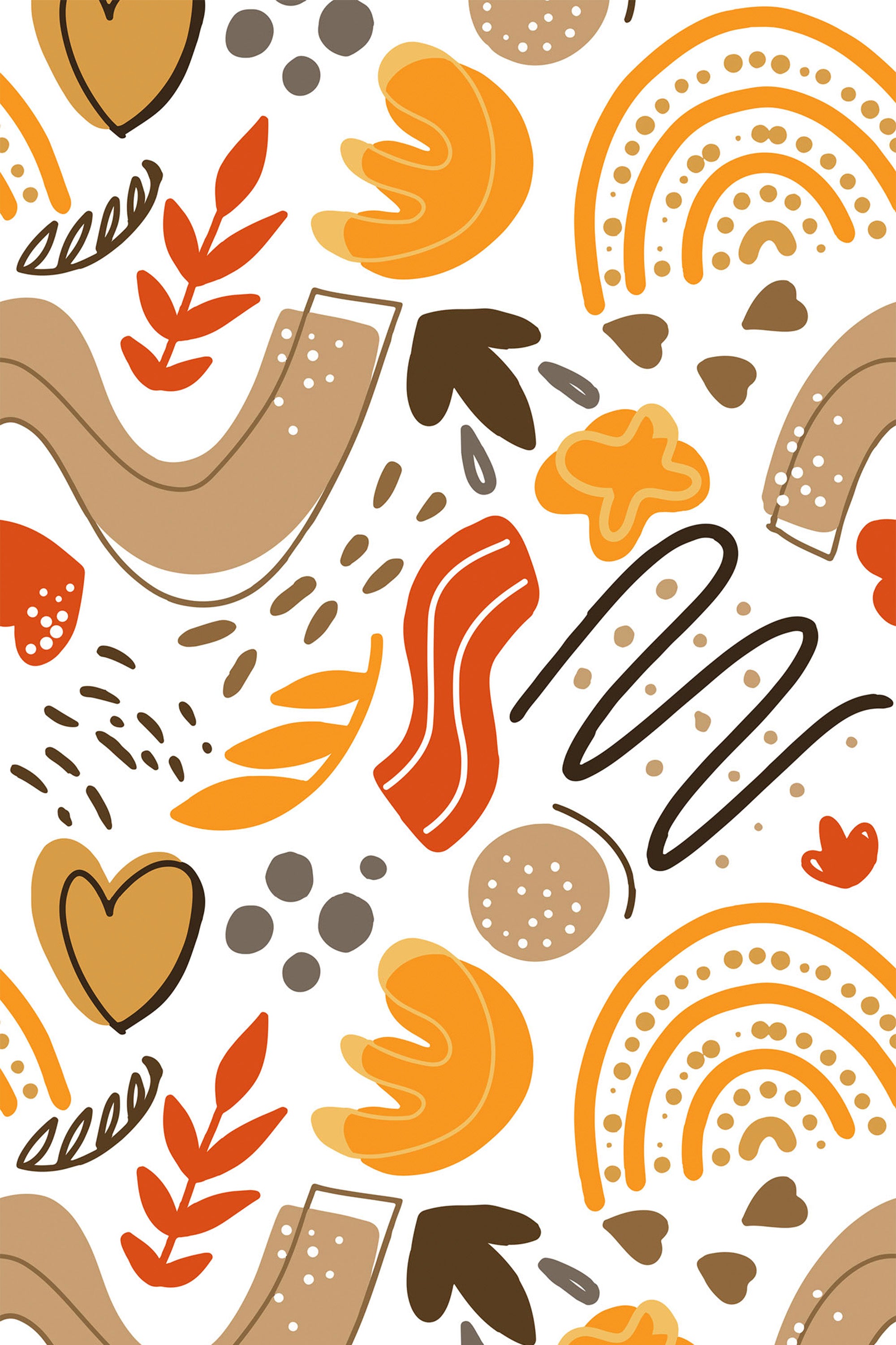 Intricate Boho-style wallpaper with abstract shapes in earthy tones of orange, yellow, brown, and black, featuring wavy lines, rainbows, hearts, leaves, and dots, all beautifully arranged on a crisp white background. Peel and stick removable wallpaper.