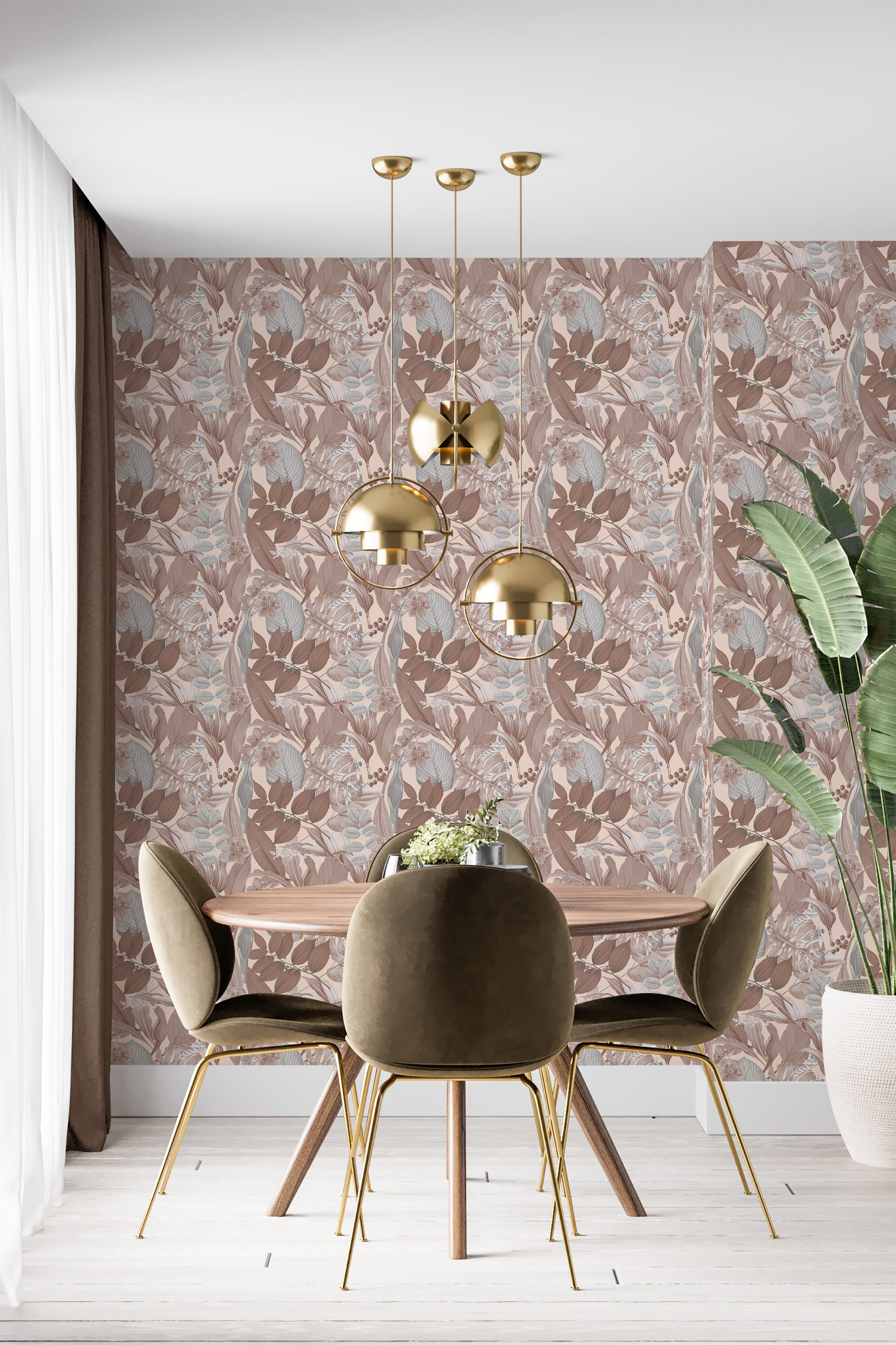 A room with wallpaper adorned with a palm leaf design, incorporating soft earthy tones including brown, beige, and grey shades, creating a calming and natural atmosphere. A modern, elegant dining space is complemented by the traditional wallpaper.