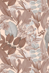 A repeating pattern of tropical palm leaves, ferns, and delicate flowers in soft, muted tones of beige, brown, and light green on a peach-colored background. Peel and stick removable wallpaper.