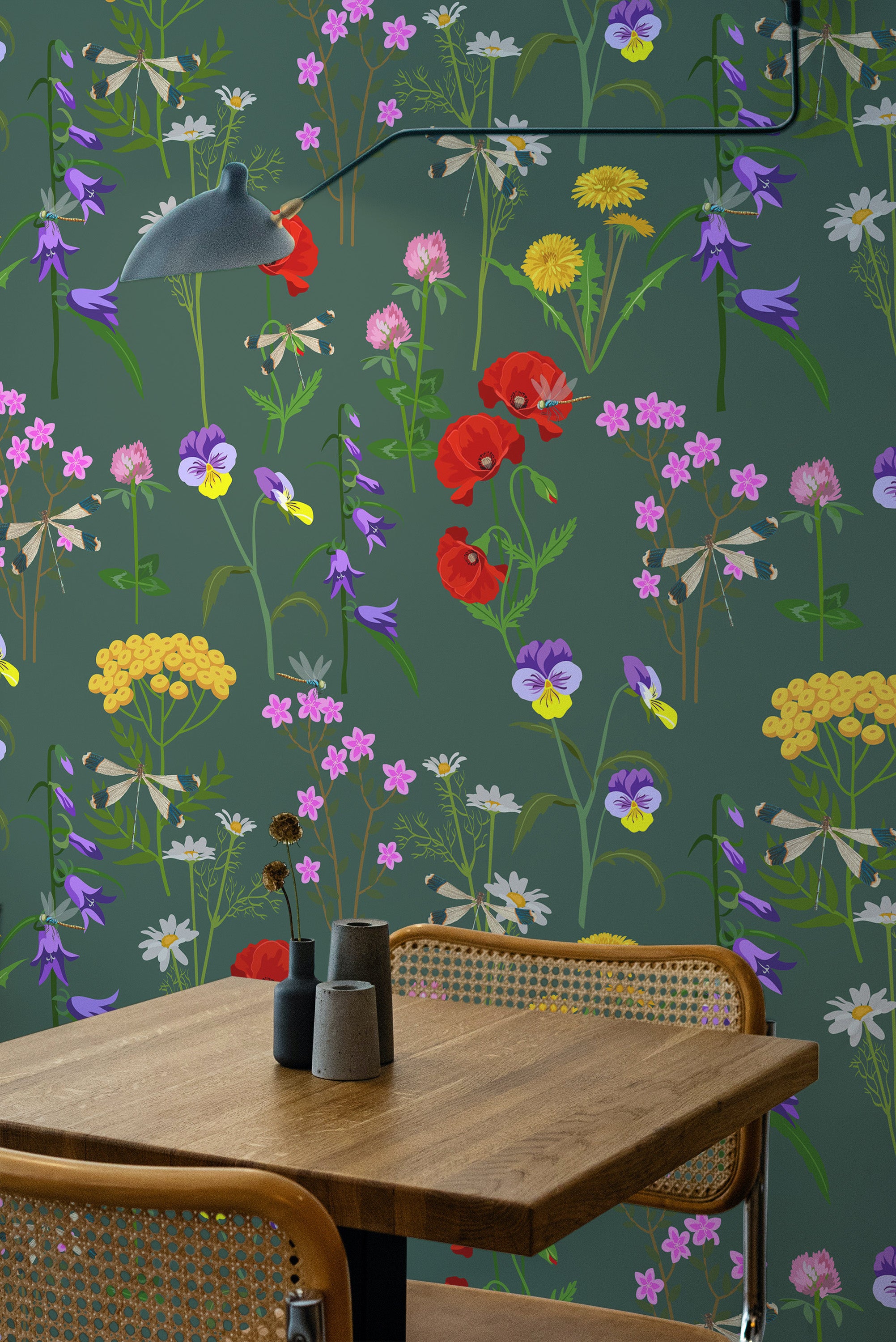 Self-adhesive wallpaper with a dragonfly-themed design on a dark background, surrounded by colorful wildflowers including poppies, daisies, and violets.