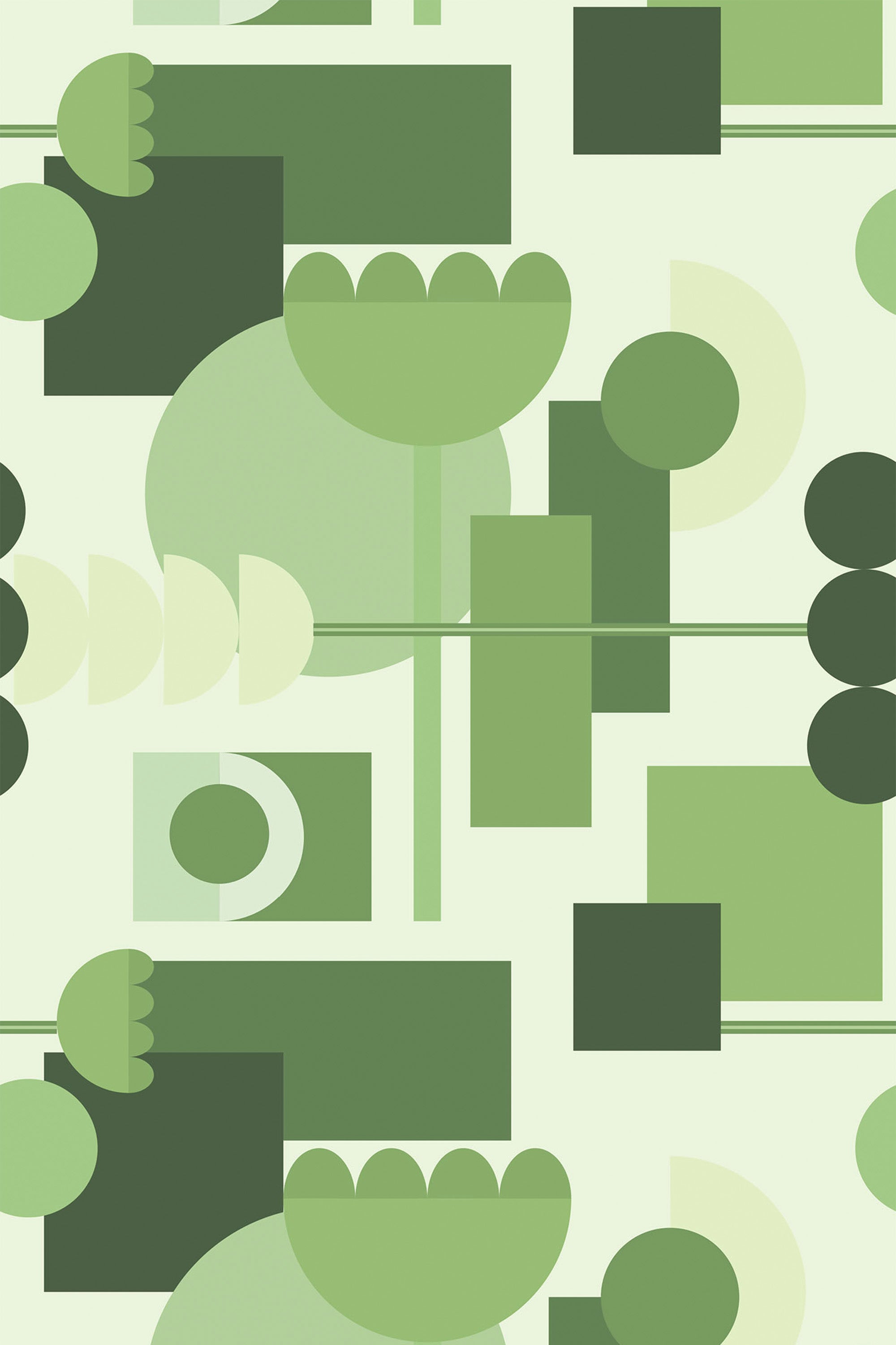Green mid-century wallpaper with various geometric shapes, including circles, rectangles, and stylized abstract floral patterns in multiple shades of green. Peel and stick removable wallpaper.
