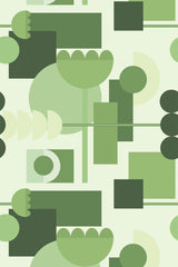 Green mid-century wallpaper with various geometric shapes, including circles, rectangles, and stylized abstract floral patterns in multiple shades of green. Peel and stick removable wallpaper.