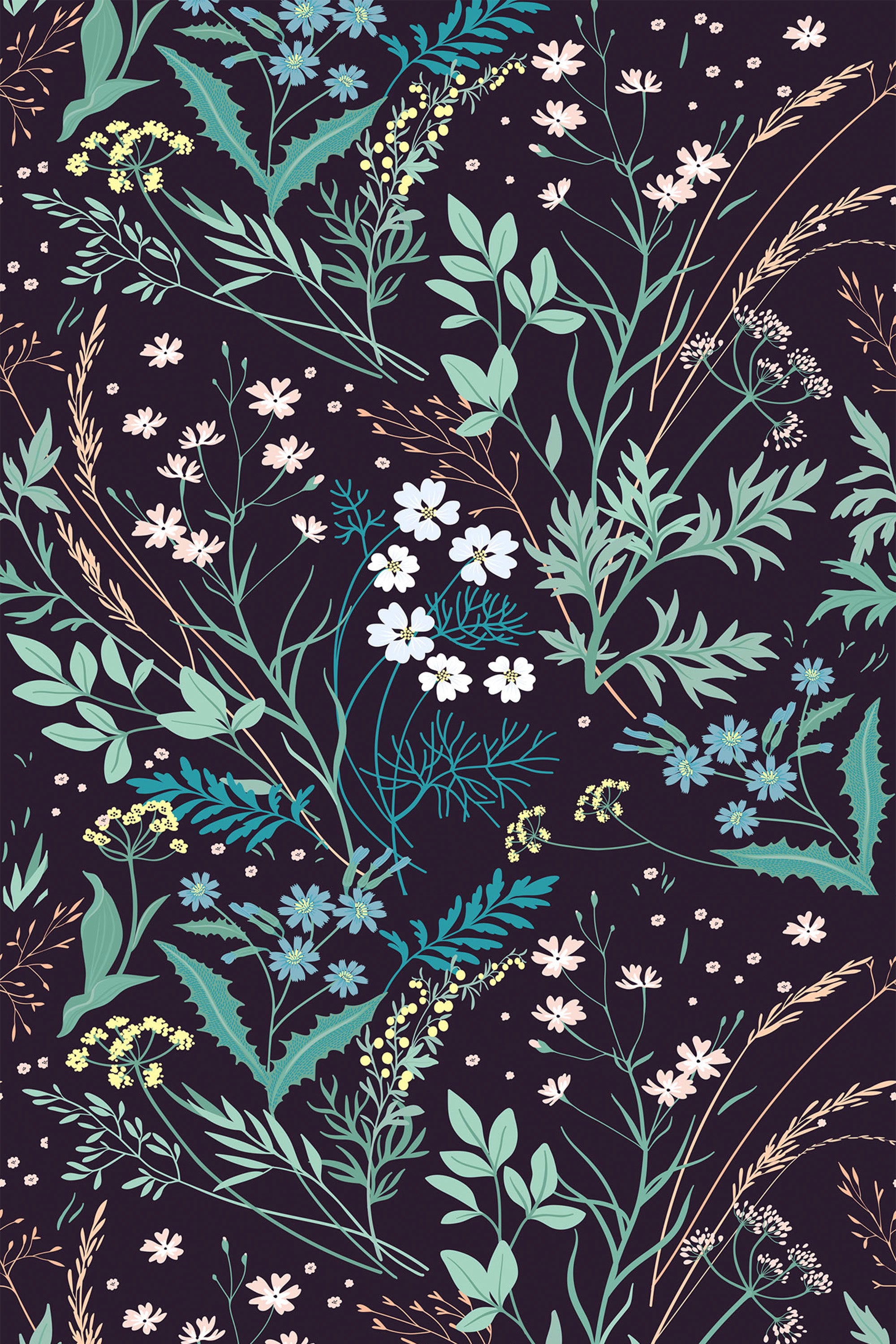 A dark background with a botanical pattern featuring green leaves, various flowers in shades of white, blue, and yellow, and delicate sprigs in pastel tones. Peel and stick removable wallpaper.