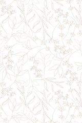 Simple and elegant floral pattern with delicate, gold outlines of leaves and small blooms on a white background, creating a minimalistic yet sophisticated look. Peel and stick removable wallpaper.