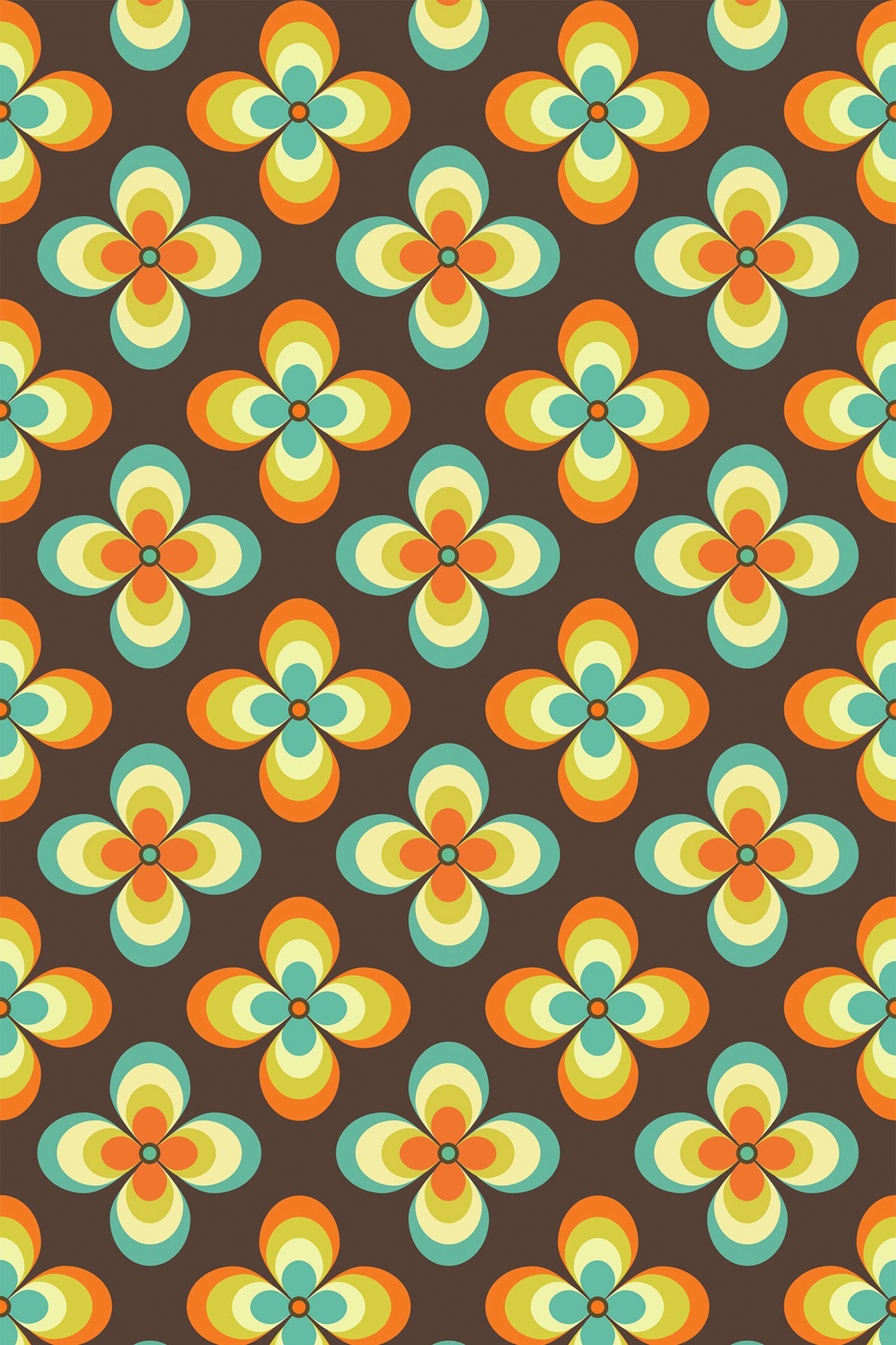 A repeating pattern of colorful retro flowers in shades of orange, yellow, green, and turquoise against a dark brown background. Peel and stick removable wallpaper.