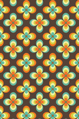 A repeating pattern of colorful retro flowers in shades of orange, yellow, green, and turquoise against a dark brown background. Peel and stick removable wallpaper.