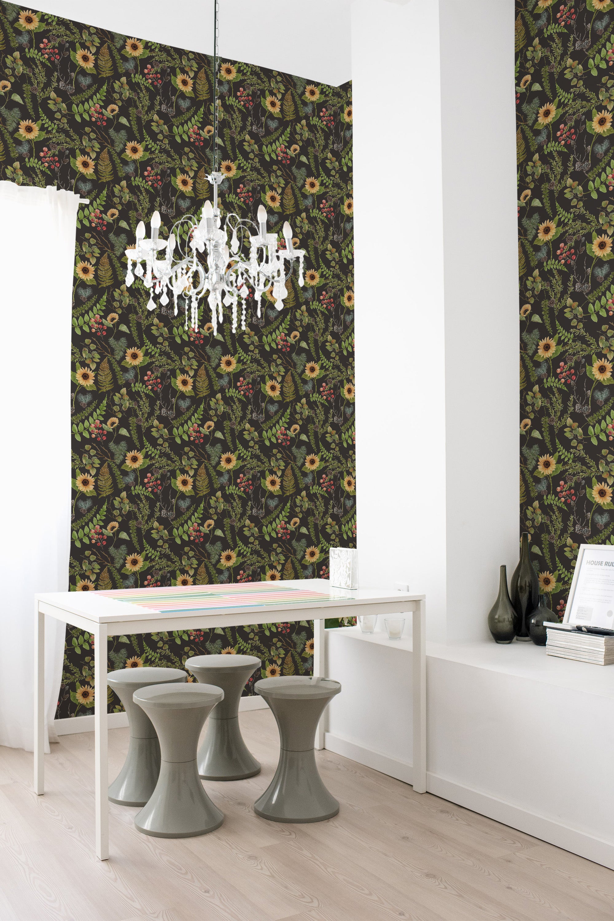 Dark-colored wallpaper with a detailed pattern of autumn leaves and small flowers in earthy tones, creating a cozy and natural atmosphere in the room. Traditional wallpaper.