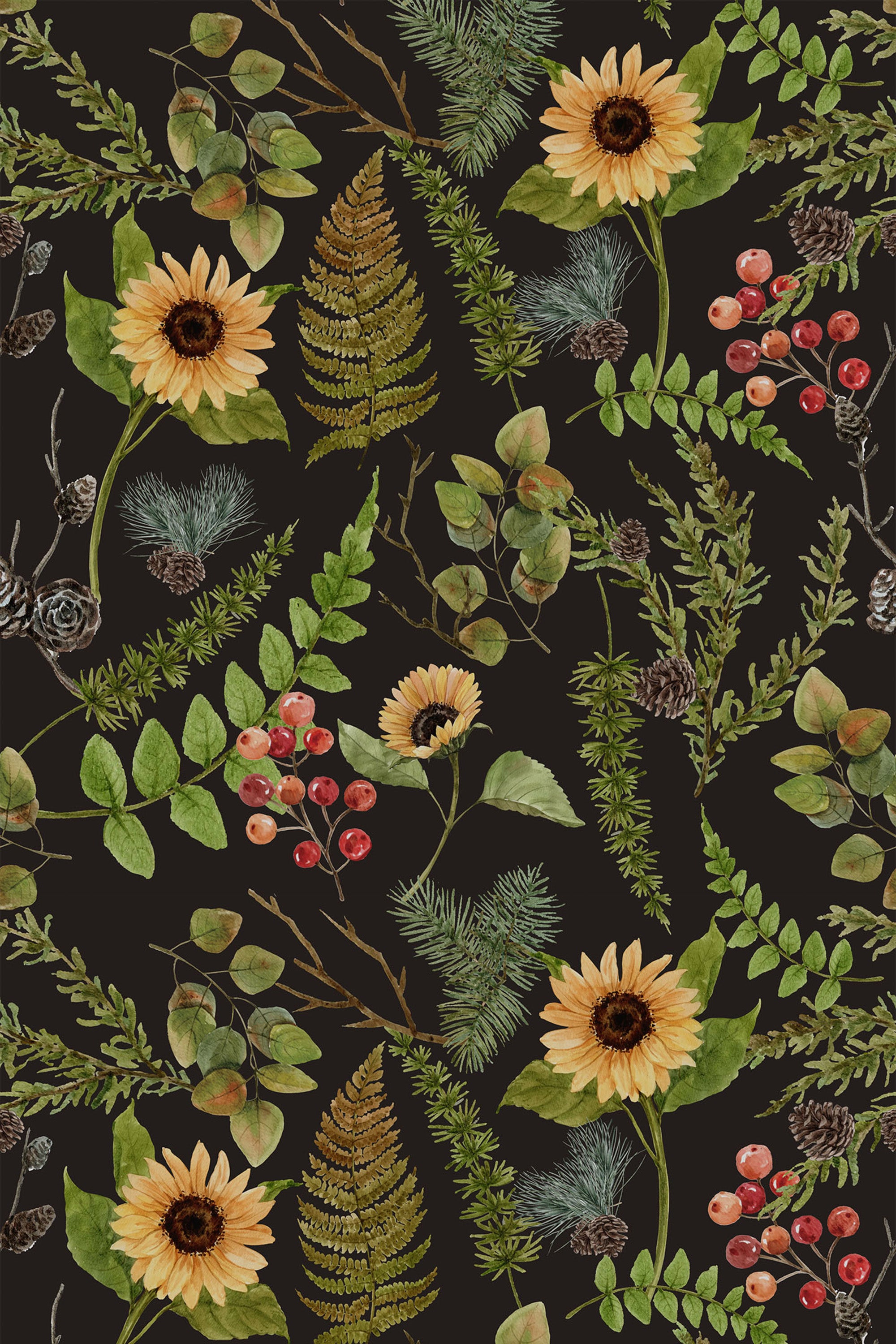 Autumn leaf wallpaper with sunflowers, pinecones, berries, and various green leaves on a dark background. Peel and stick removable wallpaper.