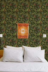 Self-adhesive wallpaper with a Vintage Fern design of lush green ferns, leaves, and clusters of red berries layered over a dark background.